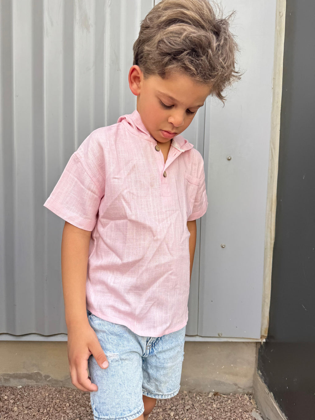Hooded Linen Shirt in Light Pink